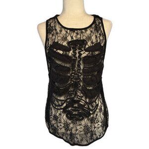 Foreign Exchange Solid Black Lace Rib Cage Print Sheer Tank Top Small